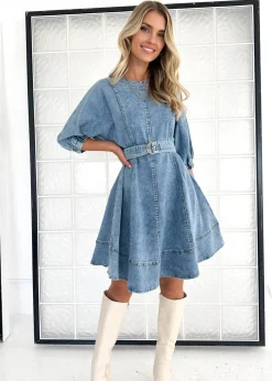 Women Gingham & Heels Short>Aaiza Stretch Denim Dress