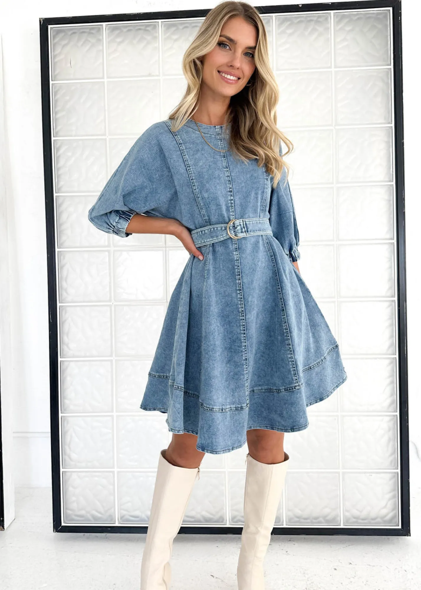 Women Gingham & Heels Short>Aaiza Stretch Denim Dress