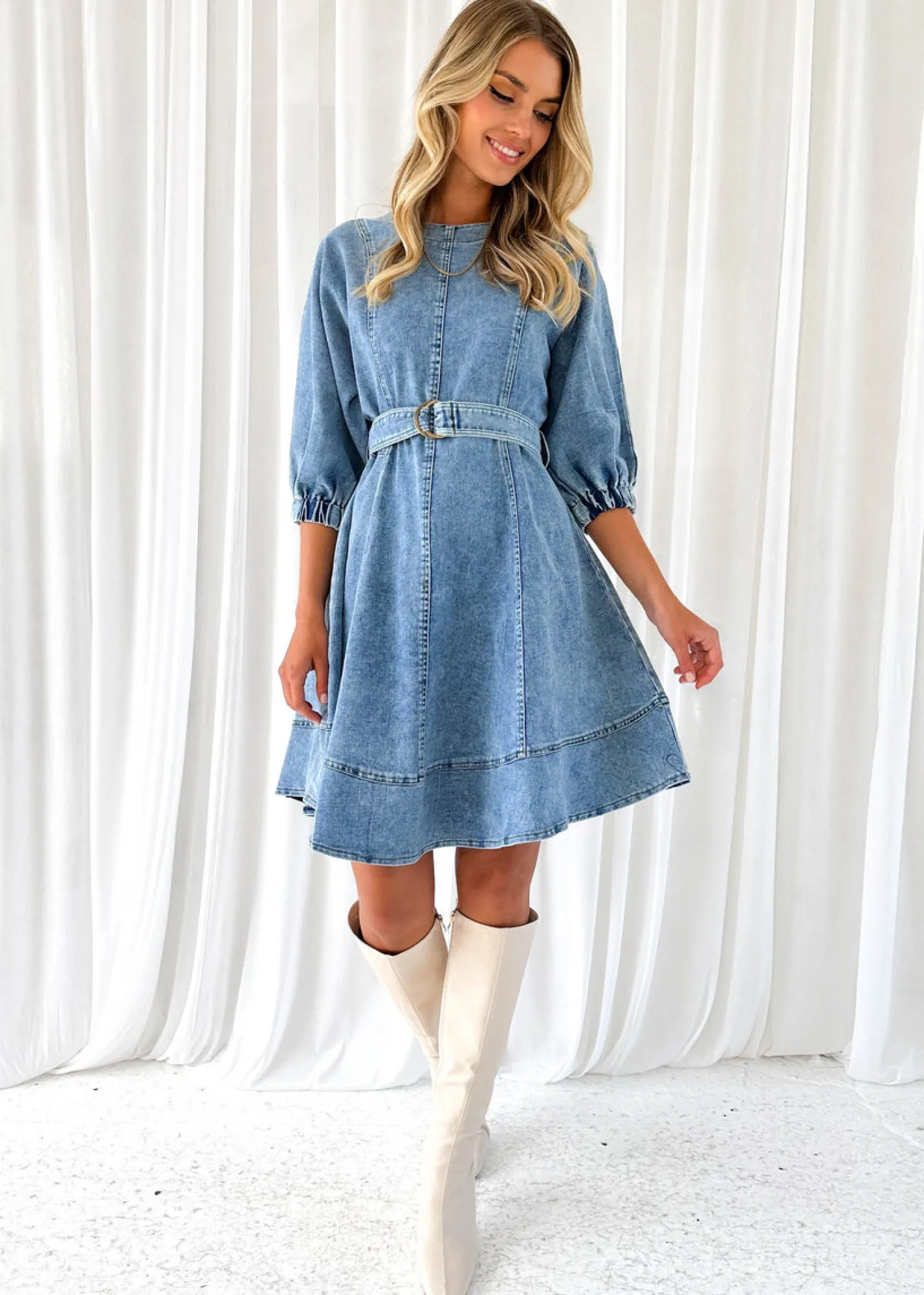 Women Gingham & Heels Short>Aaiza Stretch Denim Dress