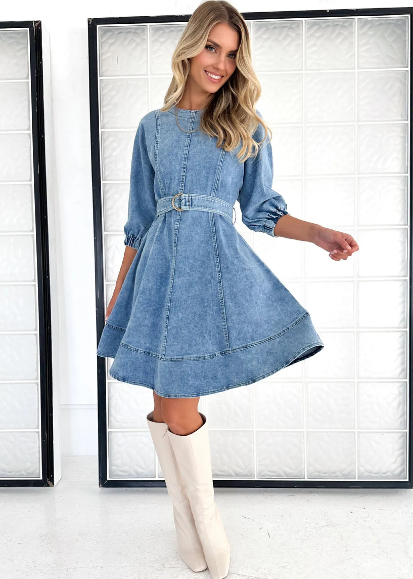 Women Gingham & Heels Short>Aaiza Stretch Denim Dress