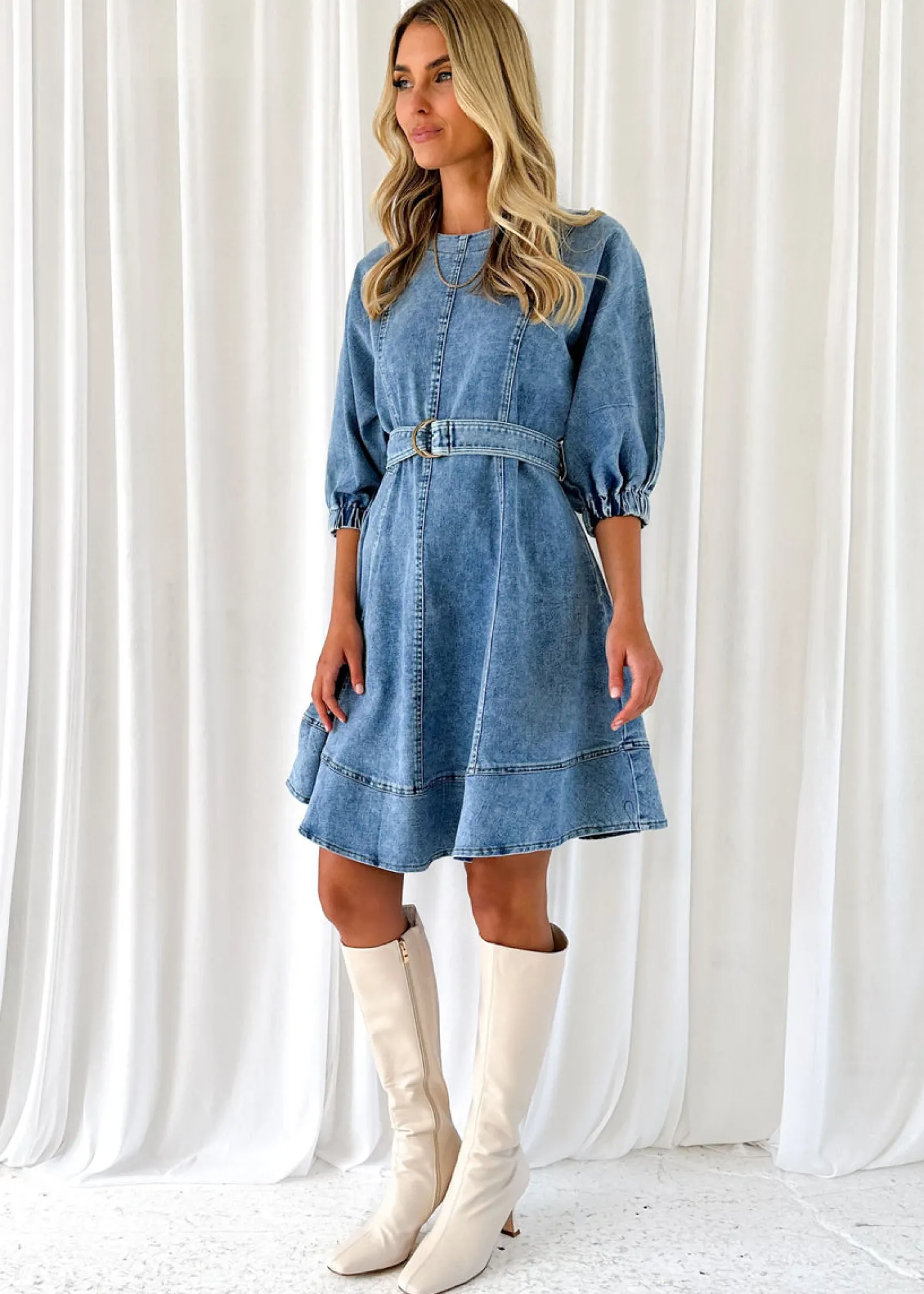Women Gingham & Heels Short>Aaiza Stretch Denim Dress