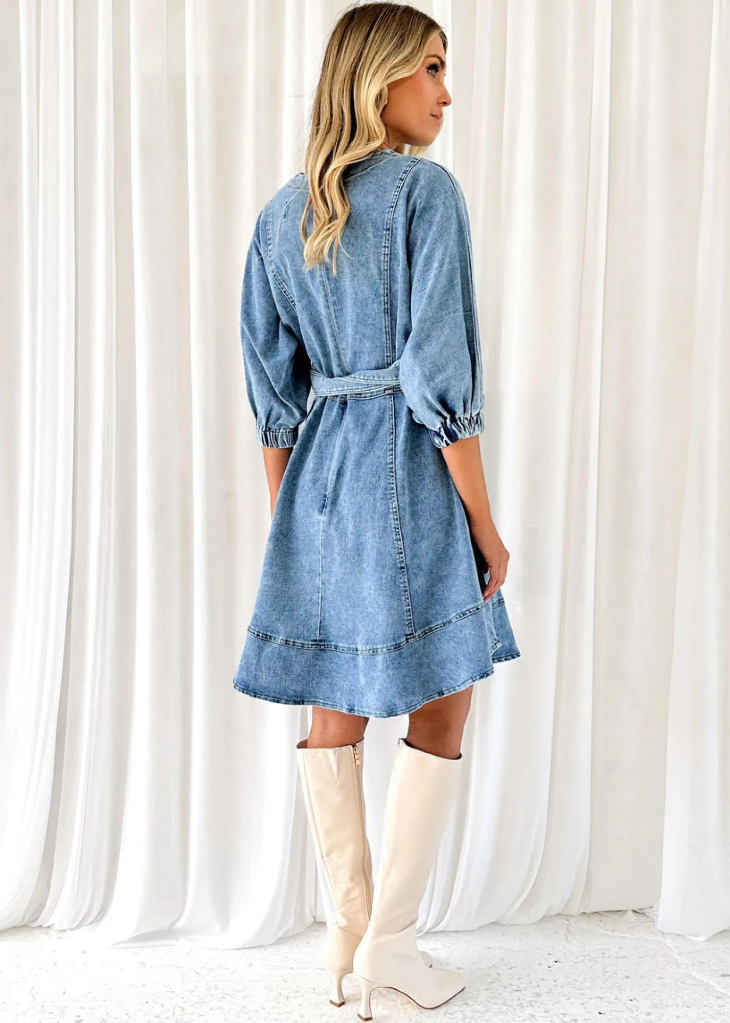 Women Gingham & Heels Short>Aaiza Stretch Denim Dress