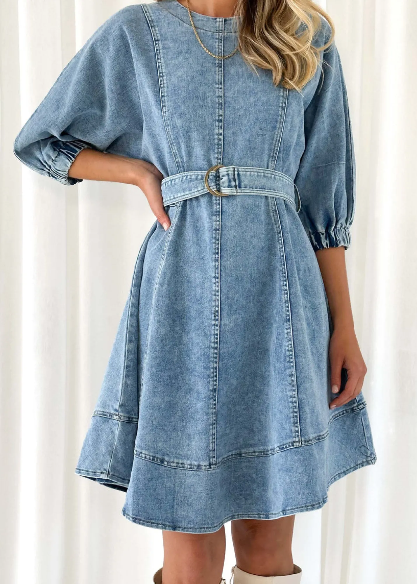 Women Gingham & Heels Short>Aaiza Stretch Denim Dress