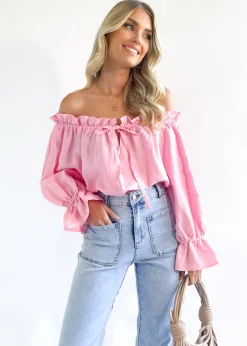 Women Gingham & Heels Blouses>Adah Off Shoulder Linen Blouse