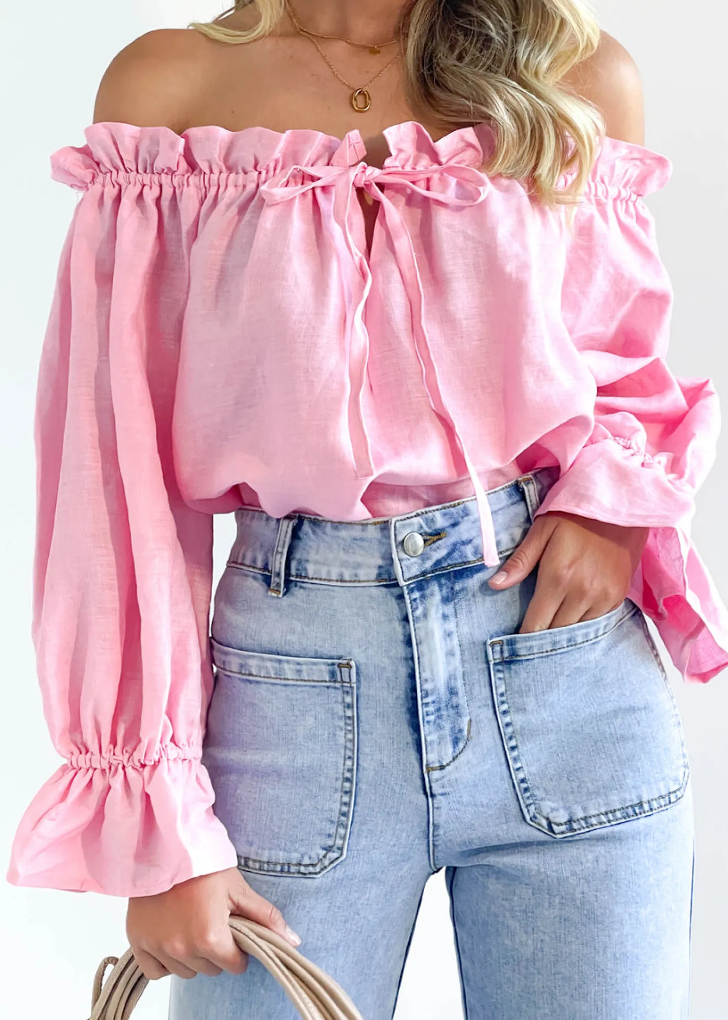 Women Gingham & Heels Blouses>Adah Off Shoulder Linen Blouse