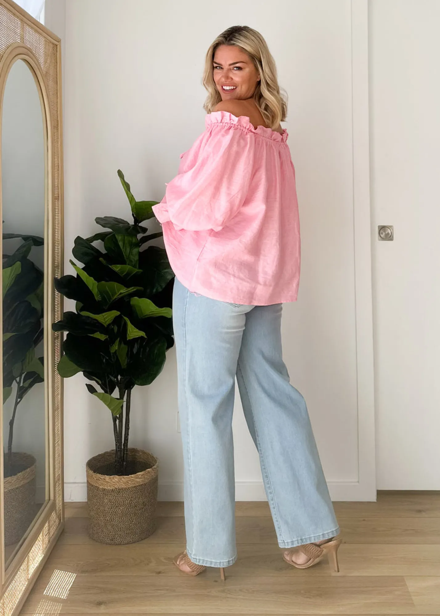 Women Gingham & Heels Blouses>Adah Off Shoulder Linen Blouse