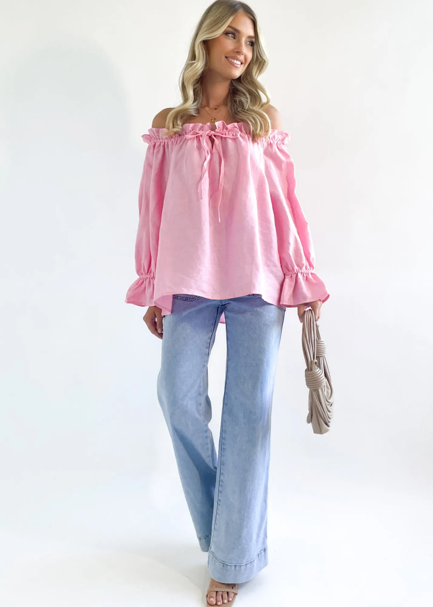 Women Gingham & Heels Blouses>Adah Off Shoulder Linen Blouse