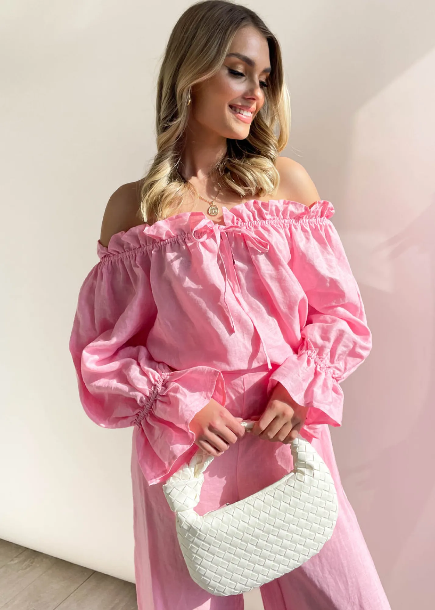 Women Gingham & Heels Blouses>Adah Off Shoulder Linen Blouse