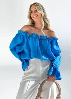 Women Gingham & Heels Blouses>Adah Off Shoulder Linen Blouse