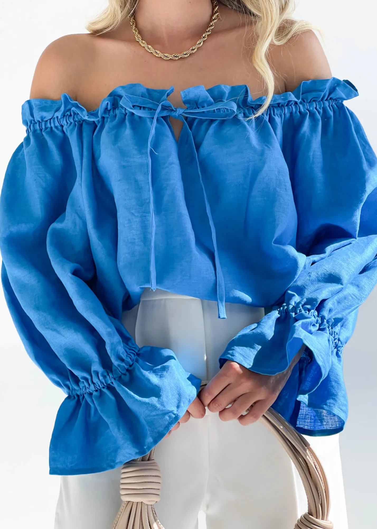 Women Gingham & Heels Blouses>Adah Off Shoulder Linen Blouse