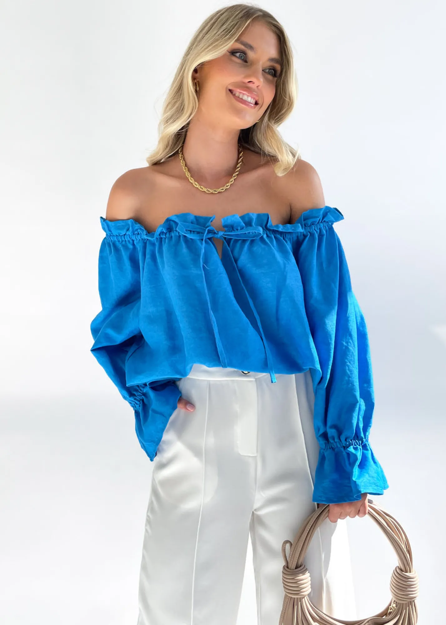 Women Gingham & Heels Blouses>Adah Off Shoulder Linen Blouse