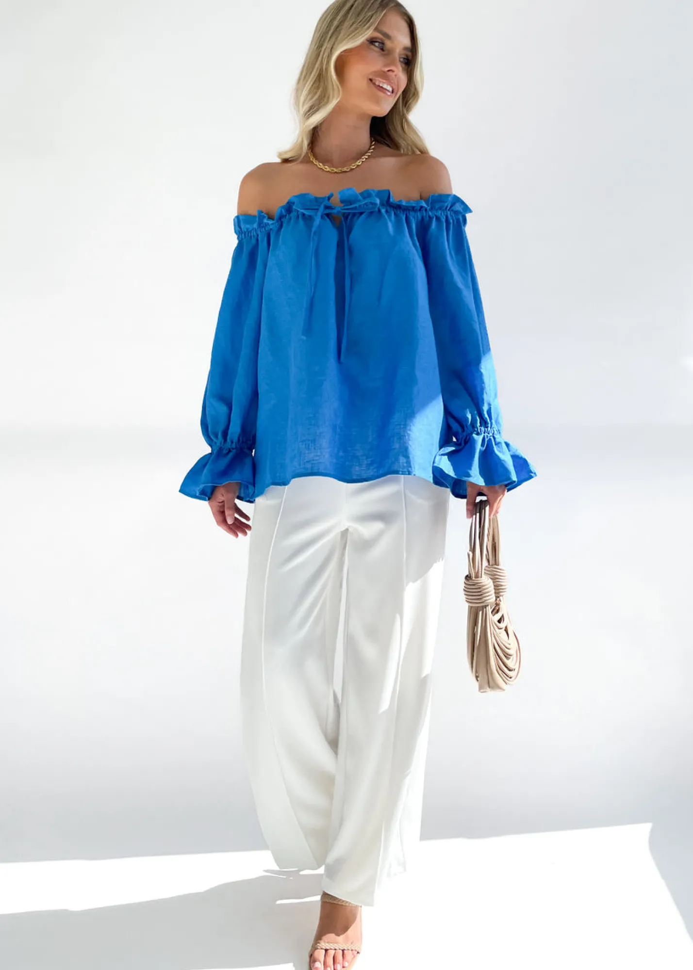 Women Gingham & Heels Blouses>Adah Off Shoulder Linen Blouse