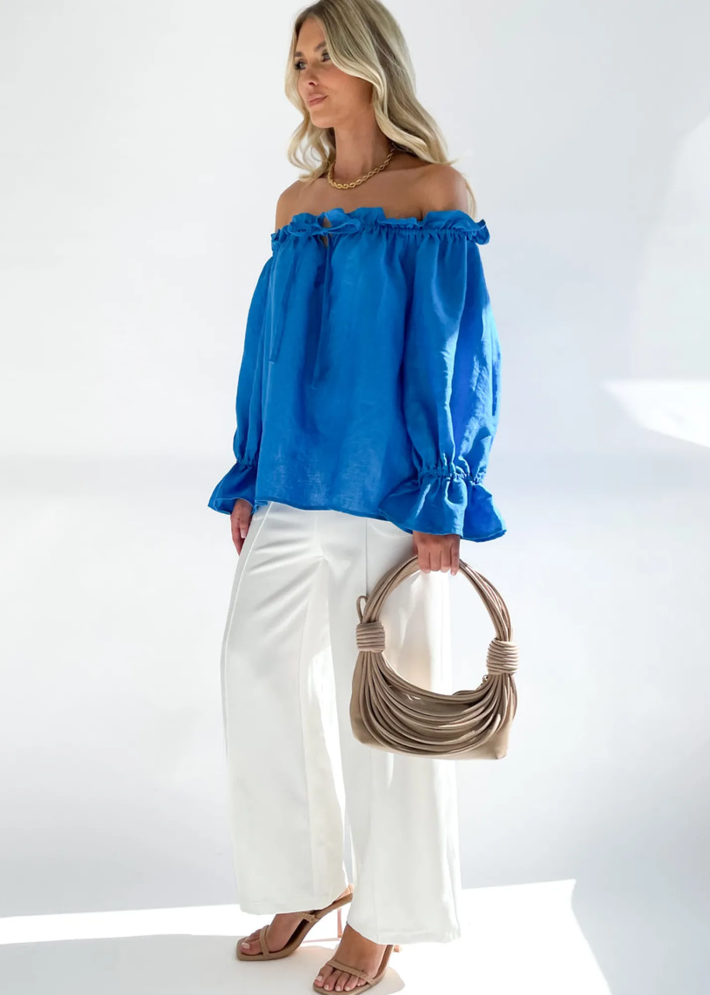 Women Gingham & Heels Blouses>Adah Off Shoulder Linen Blouse