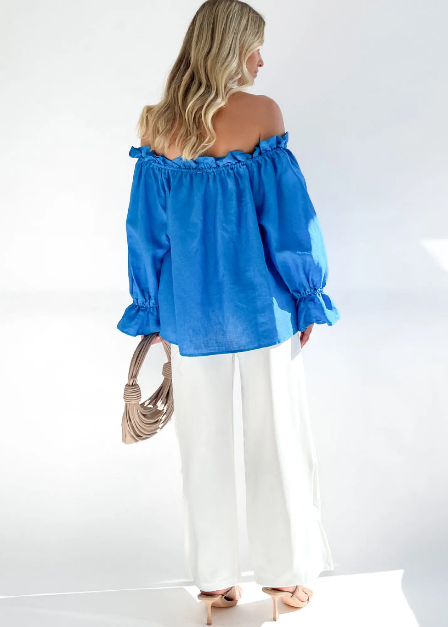 Women Gingham & Heels Blouses>Adah Off Shoulder Linen Blouse