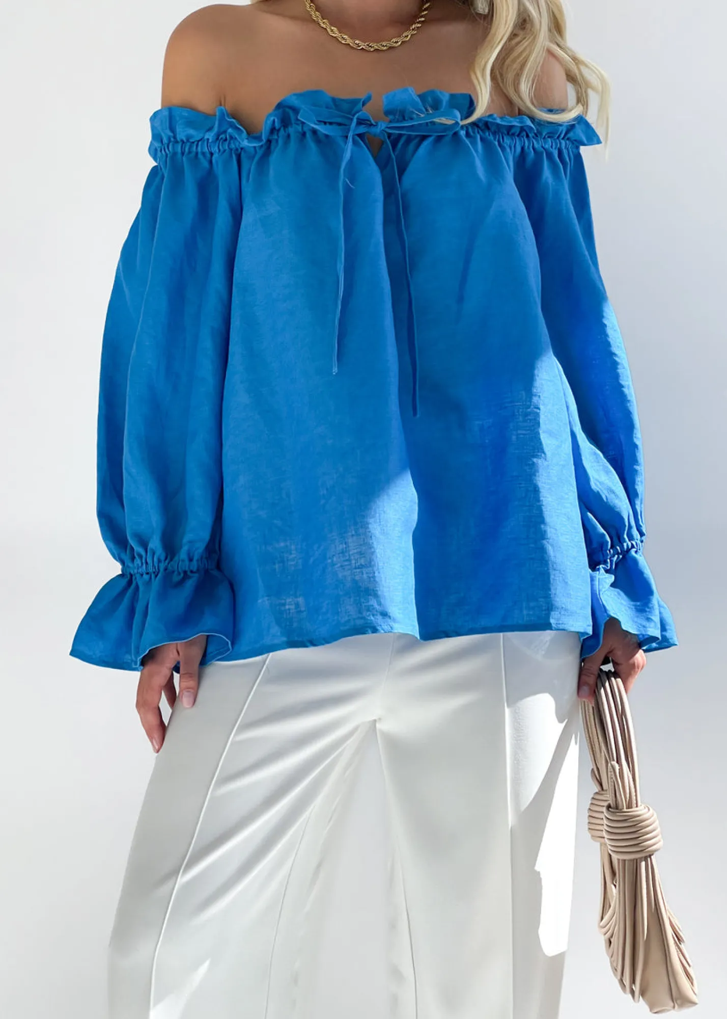 Women Gingham & Heels Blouses>Adah Off Shoulder Linen Blouse