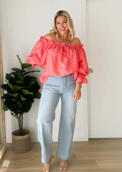 Women Gingham & Heels Blouses>Adah Off Shoulder Linen Blouse