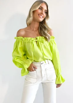 Women Gingham & Heels Blouses>Adah Off Shoulder Linen Blouse