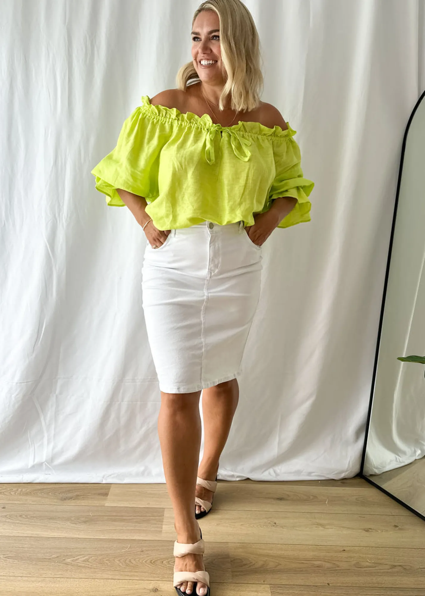 Women Gingham & Heels Blouses>Adah Off Shoulder Linen Blouse