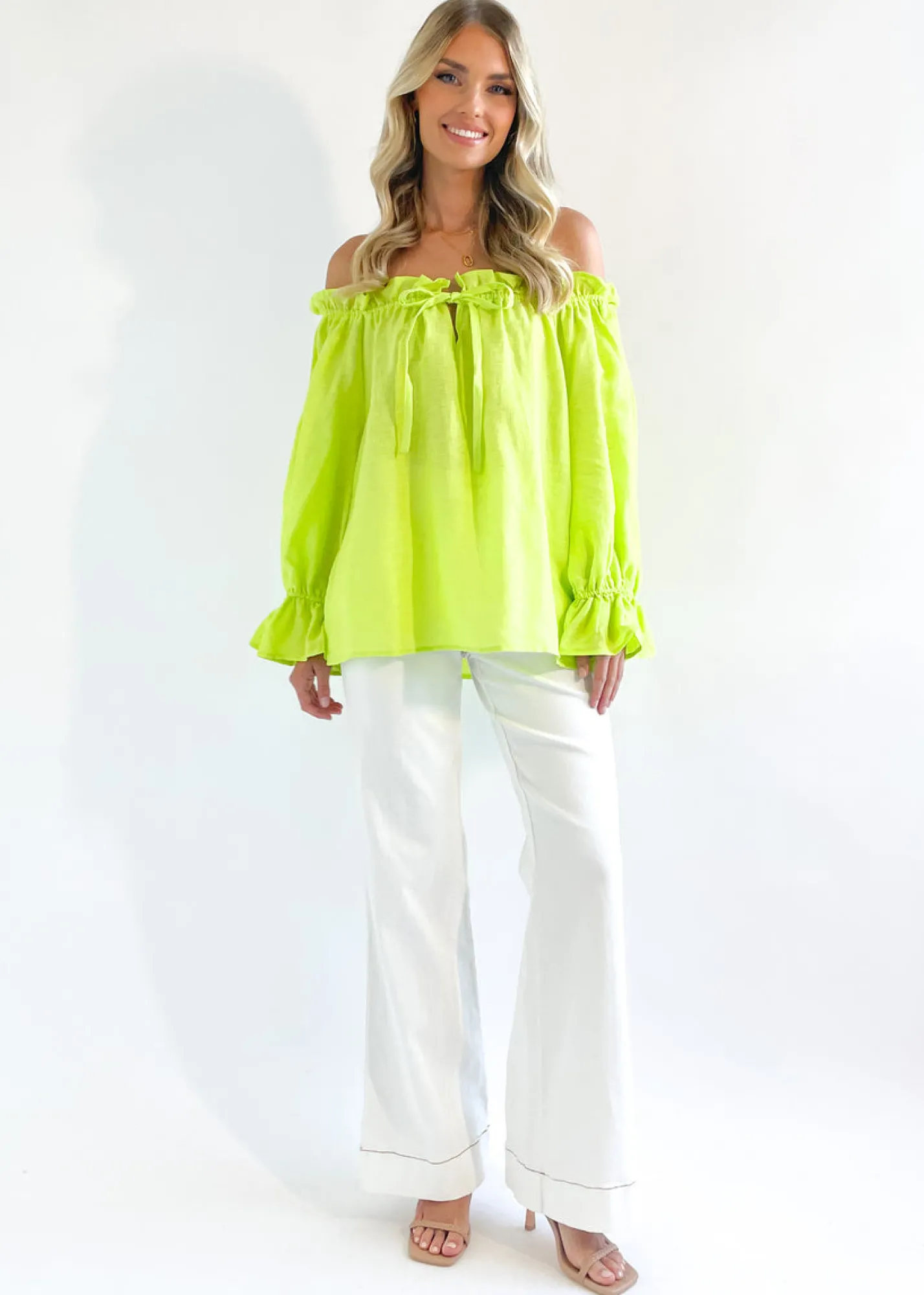 Women Gingham & Heels Blouses>Adah Off Shoulder Linen Blouse