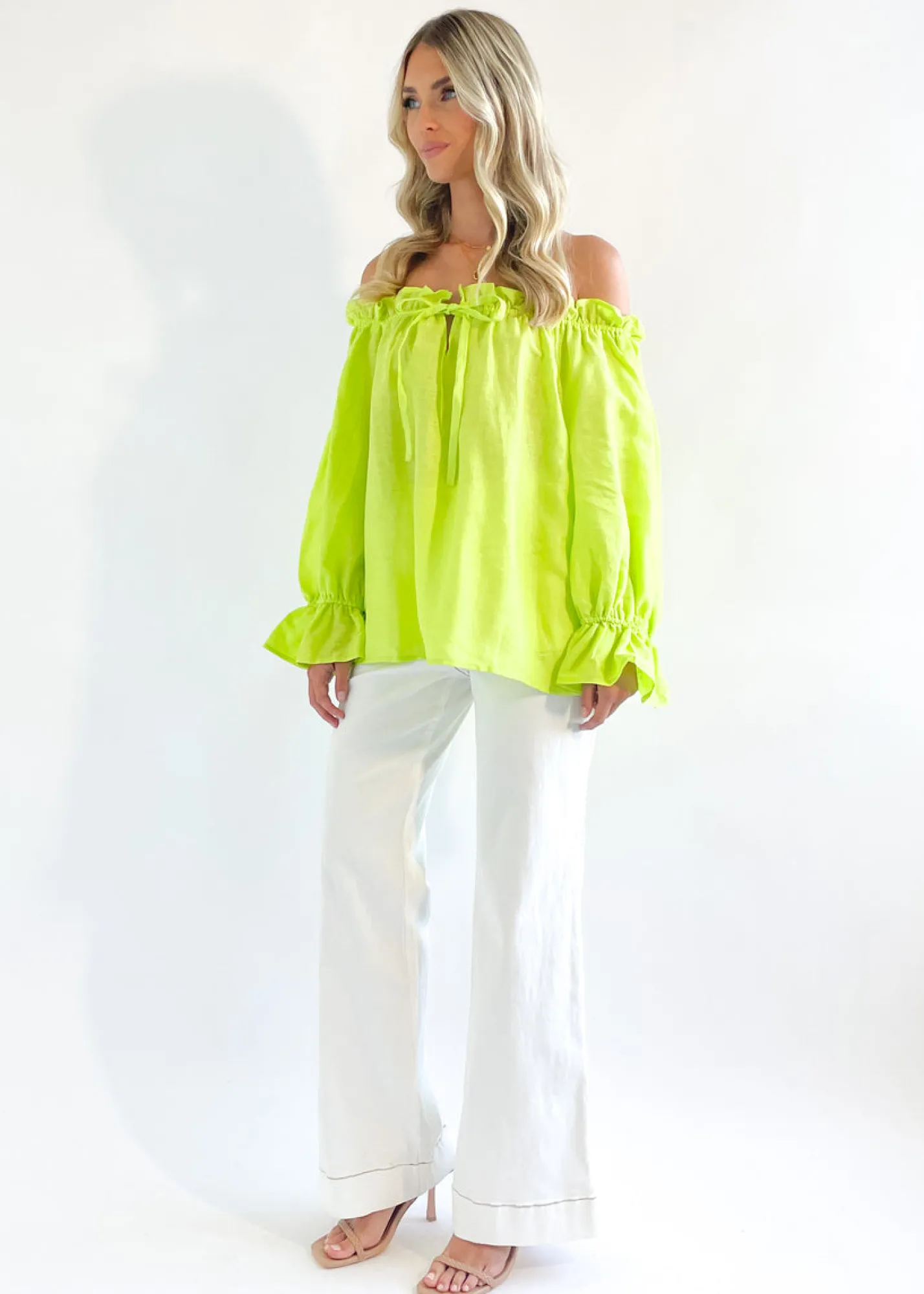 Women Gingham & Heels Blouses>Adah Off Shoulder Linen Blouse