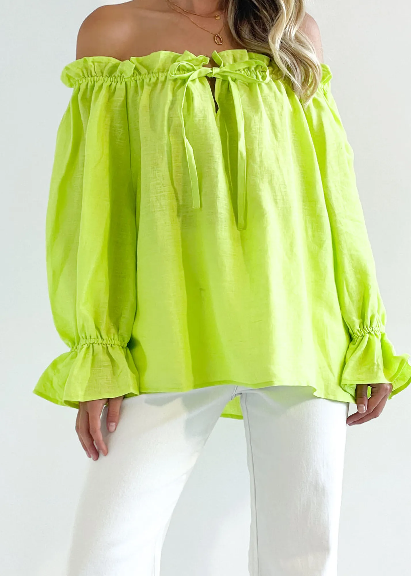 Women Gingham & Heels Blouses>Adah Off Shoulder Linen Blouse