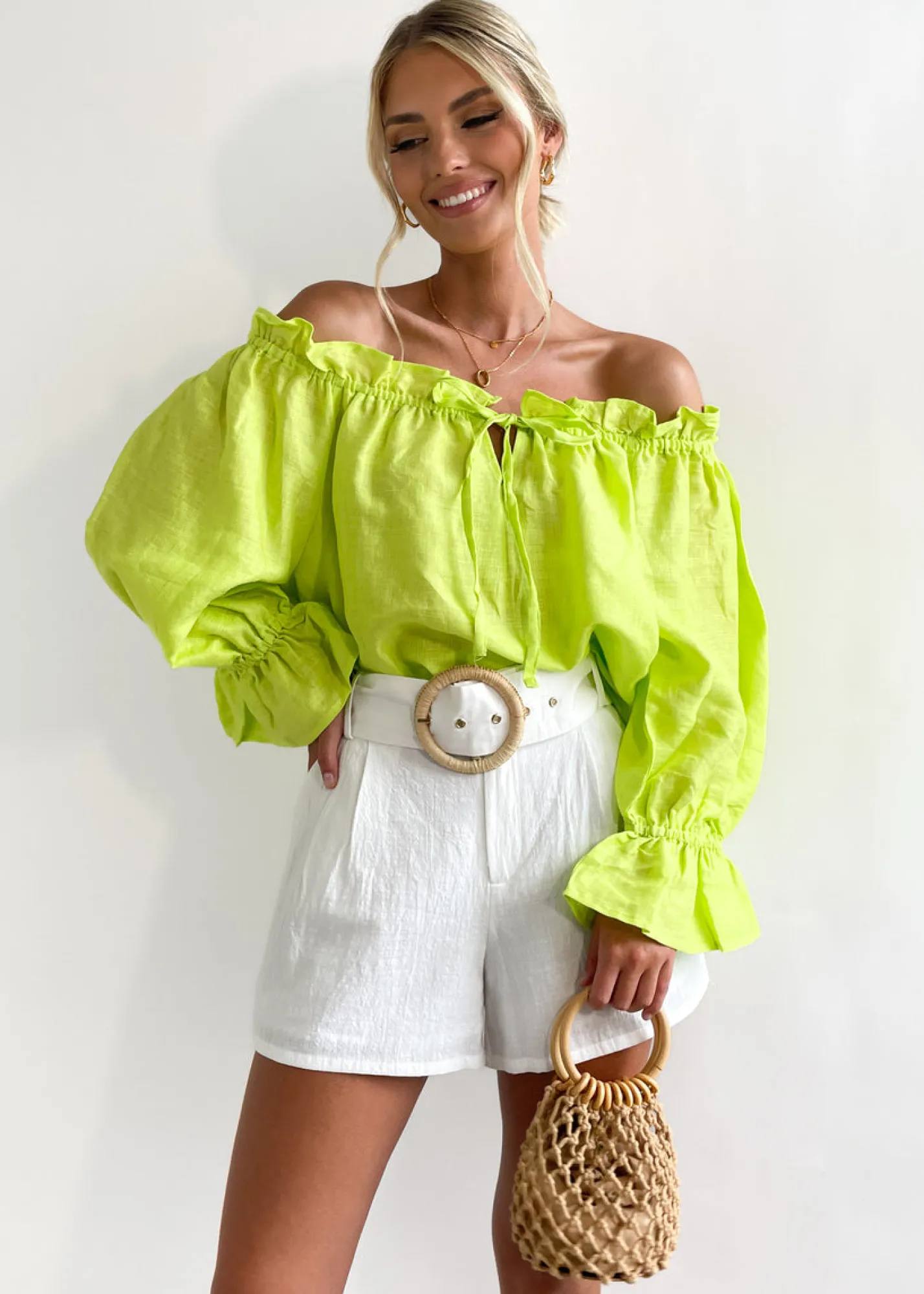 Women Gingham & Heels Blouses>Adah Off Shoulder Linen Blouse