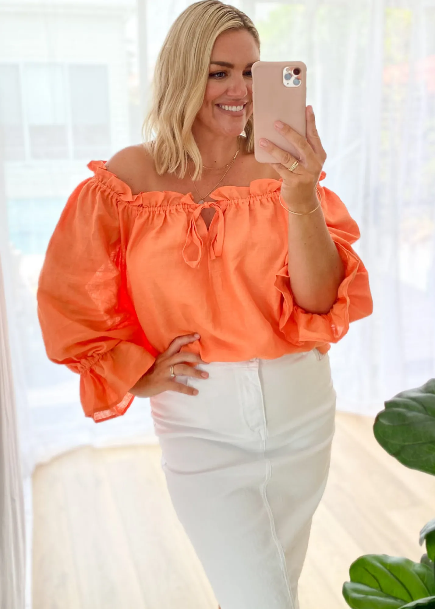 Women Gingham & Heels Blouses>Adah Off Shoulder Linen Blouse