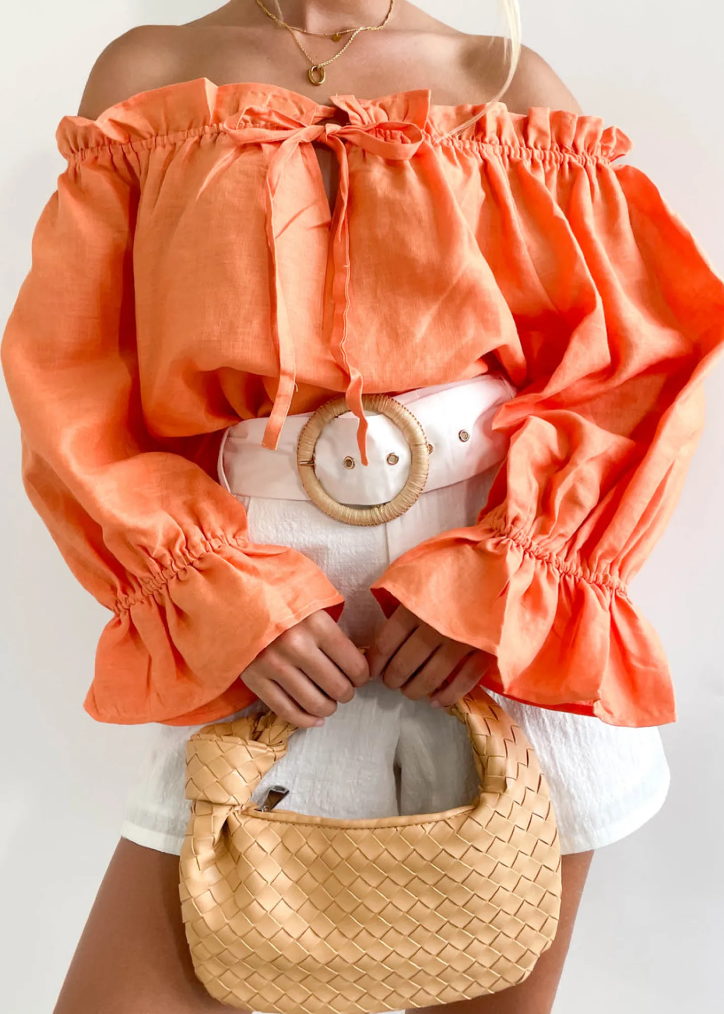 Women Gingham & Heels Blouses>Adah Off Shoulder Linen Blouse