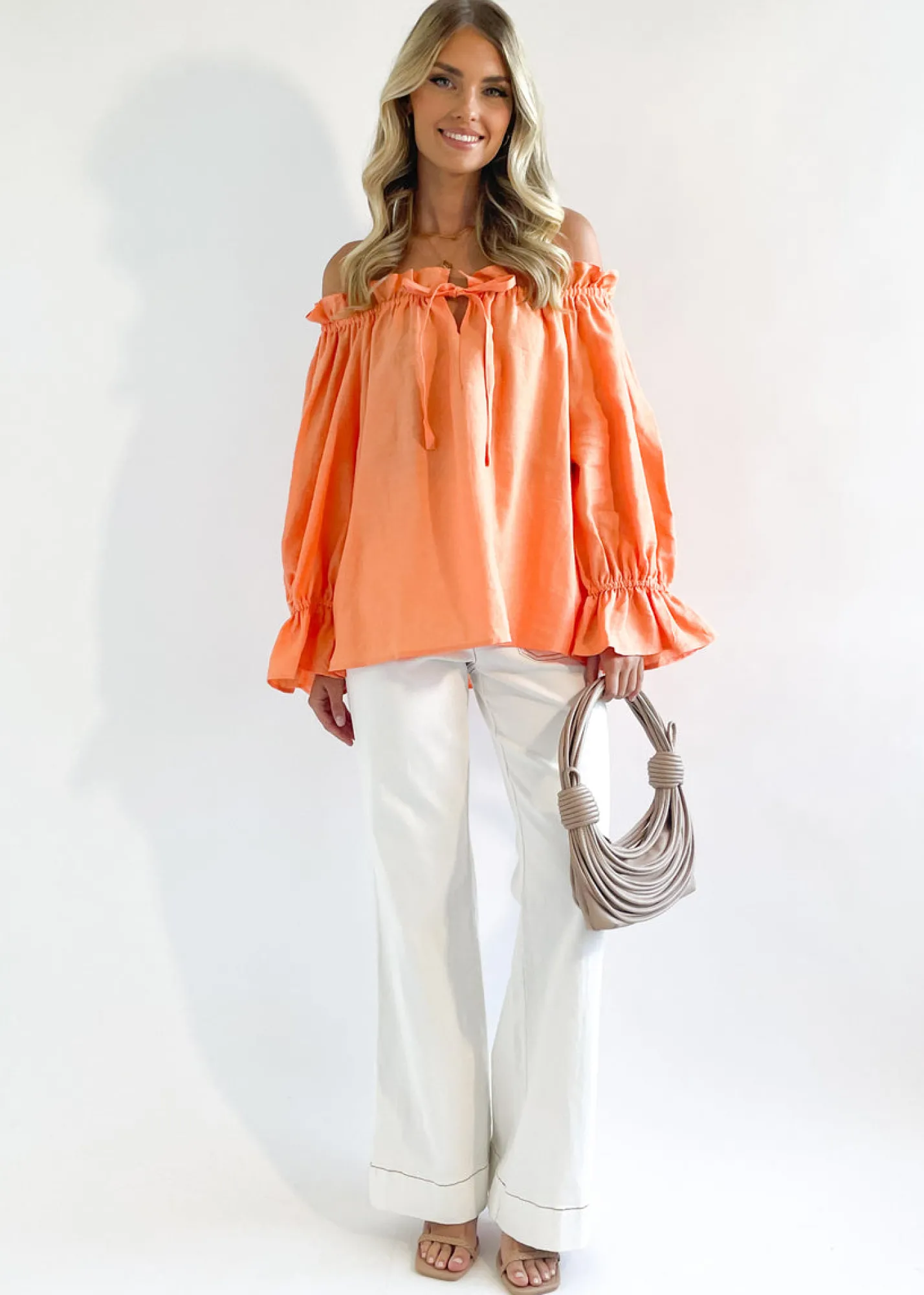 Women Gingham & Heels Blouses>Adah Off Shoulder Linen Blouse