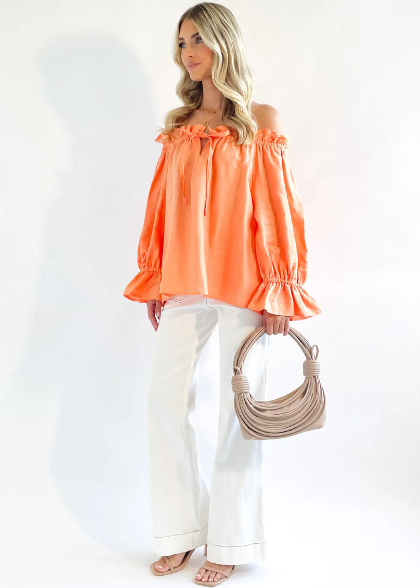 Women Gingham & Heels Blouses>Adah Off Shoulder Linen Blouse