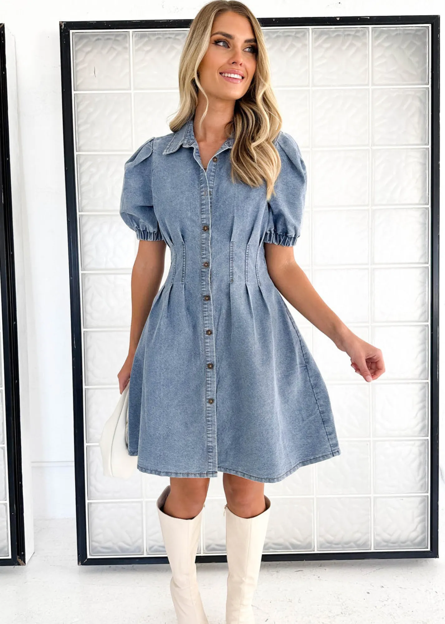 Women Gingham & Heels Short>Aika Denim Dress