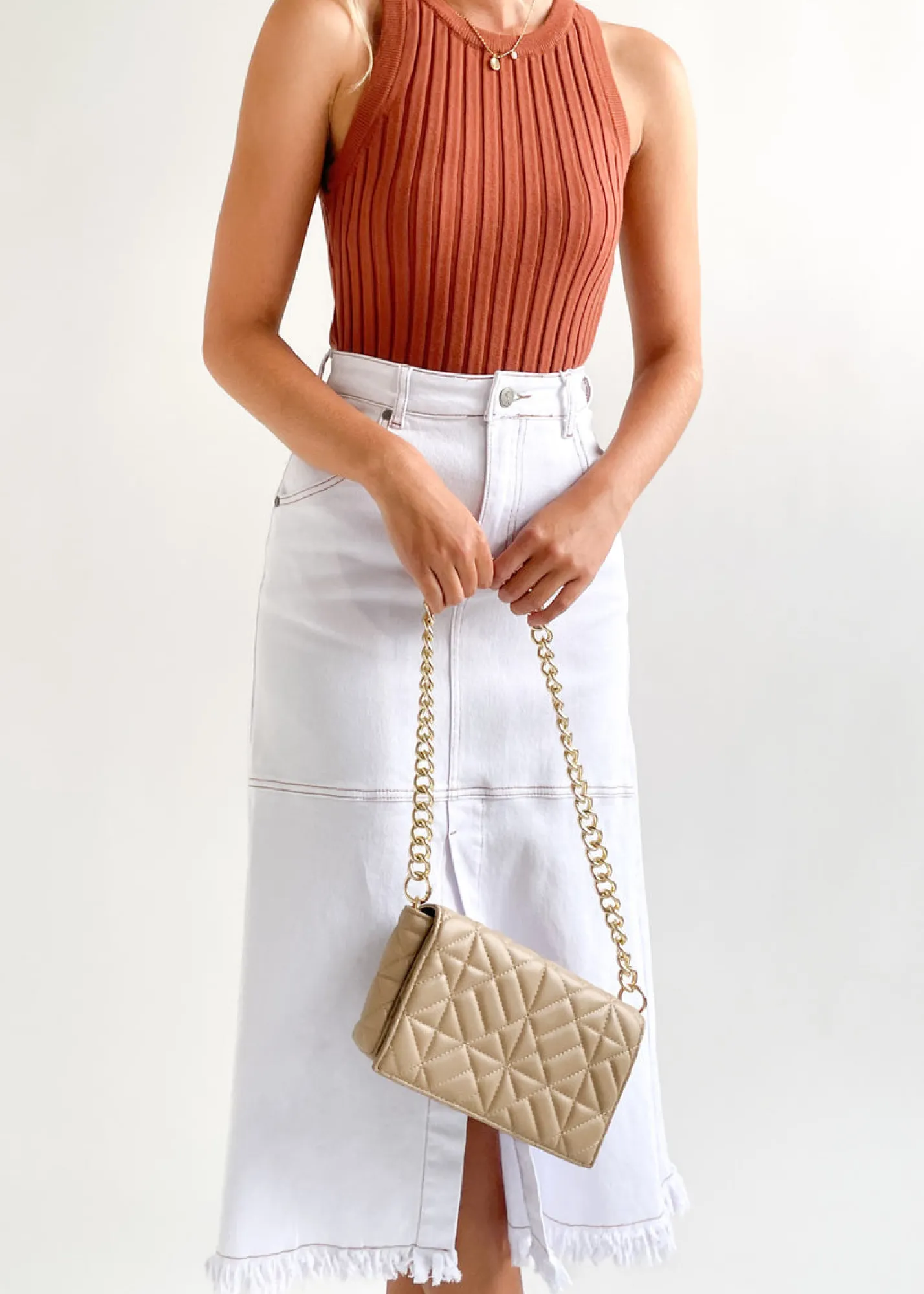 Women Gingham & Heels Skirts>Altana Stretch Denim Midi Skirt