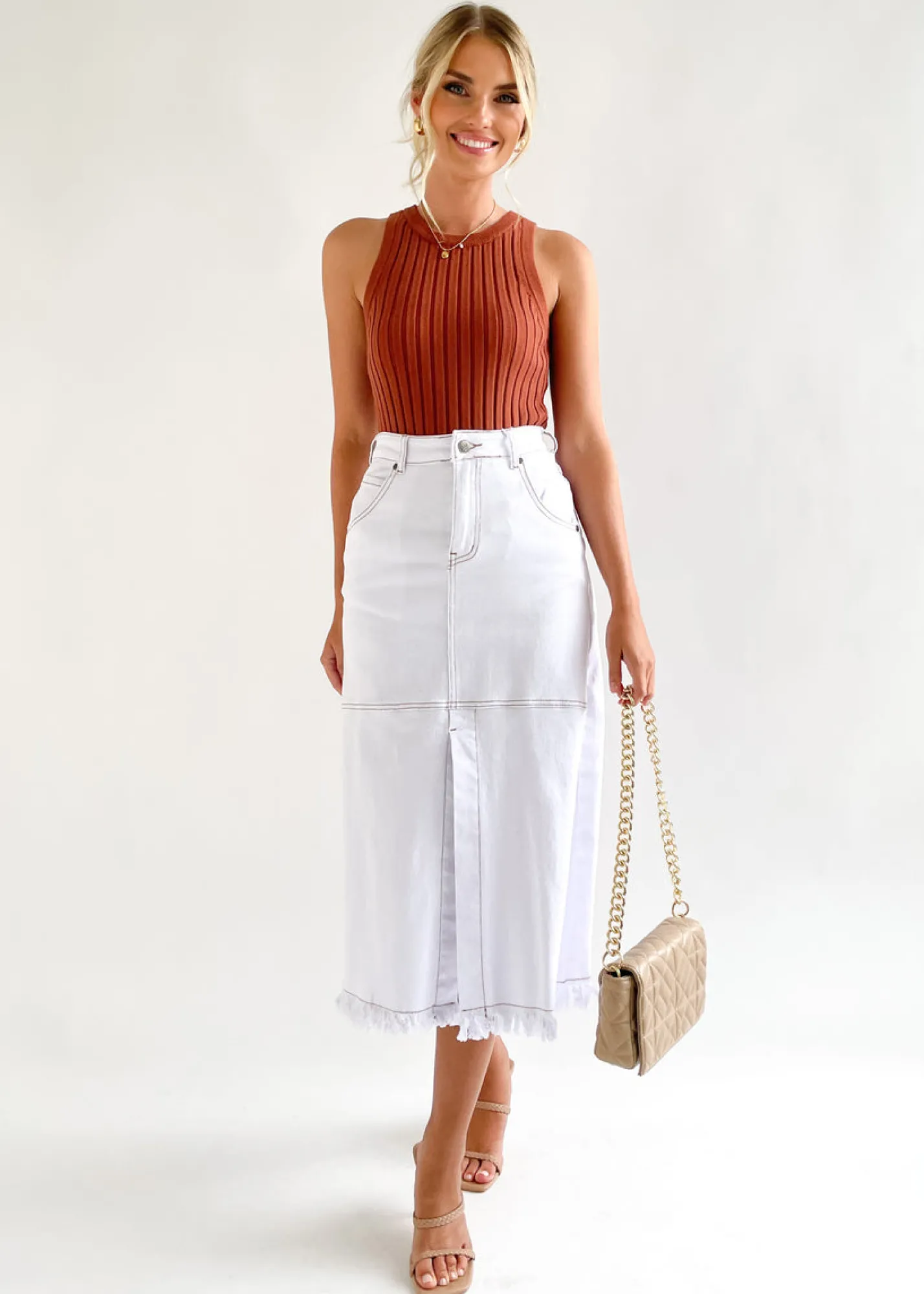 Women Gingham & Heels Skirts>Altana Stretch Denim Midi Skirt