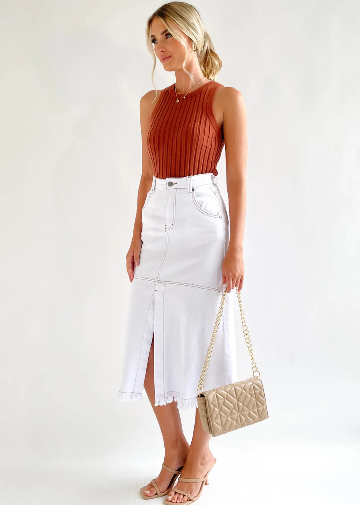 Women Gingham & Heels Skirts>Altana Stretch Denim Midi Skirt