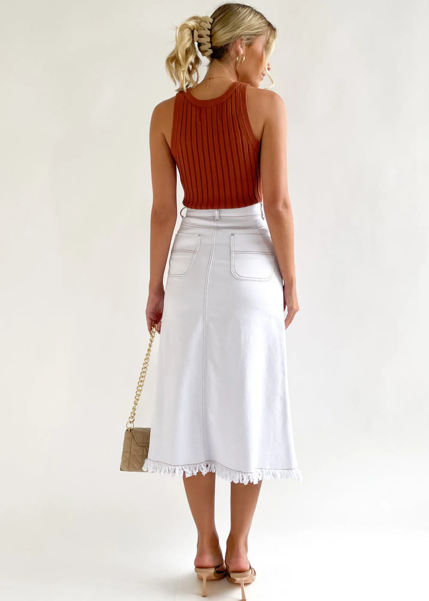 Women Gingham & Heels Skirts>Altana Stretch Denim Midi Skirt