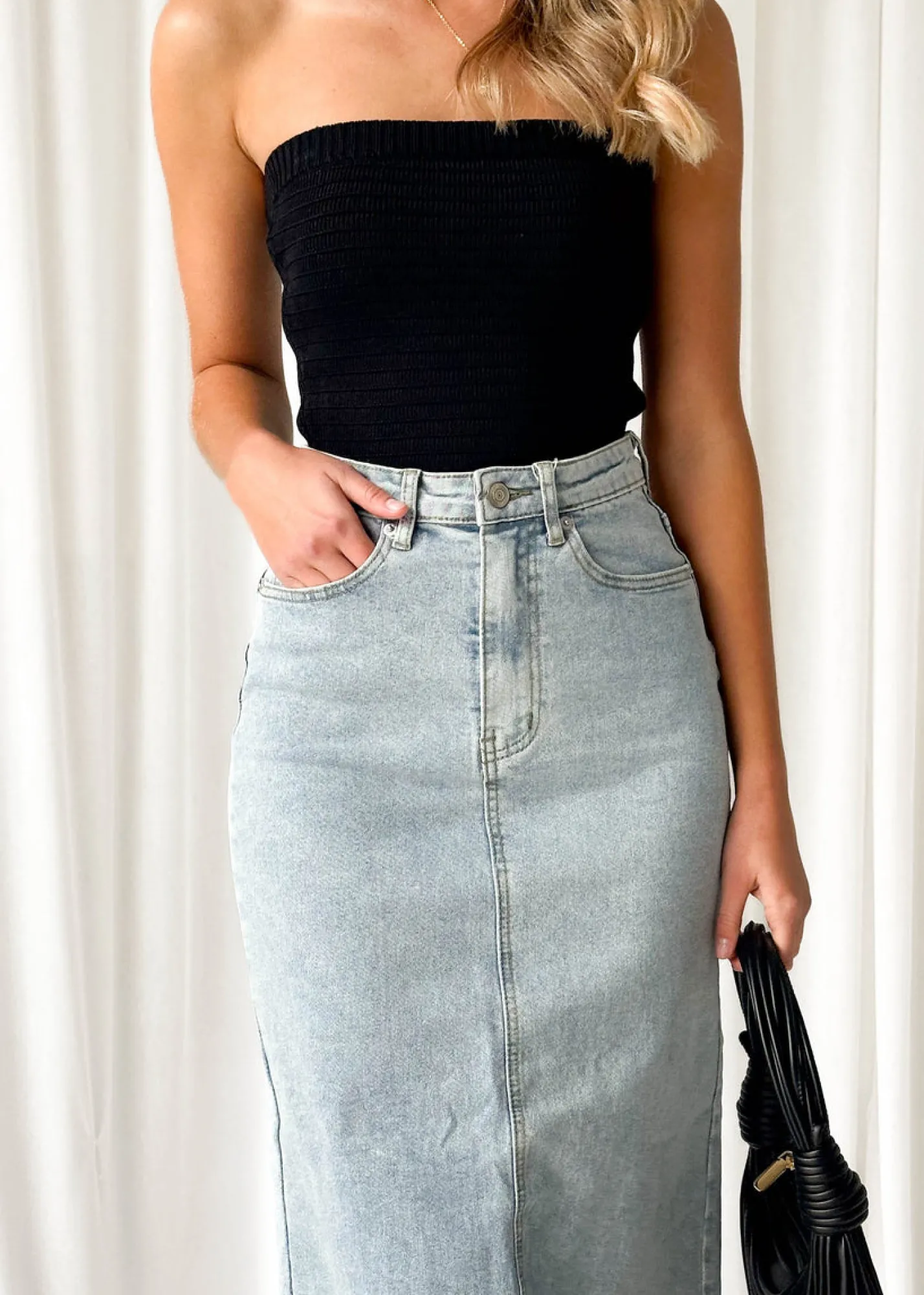Women Gingham & Heels Skirts>Amellia Stretch Denim Midi Skirt