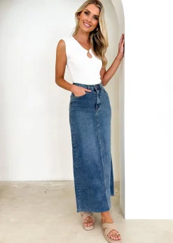 Women Gingham & Heels Skirts>Amellia Stretch Denim Midi Skirt