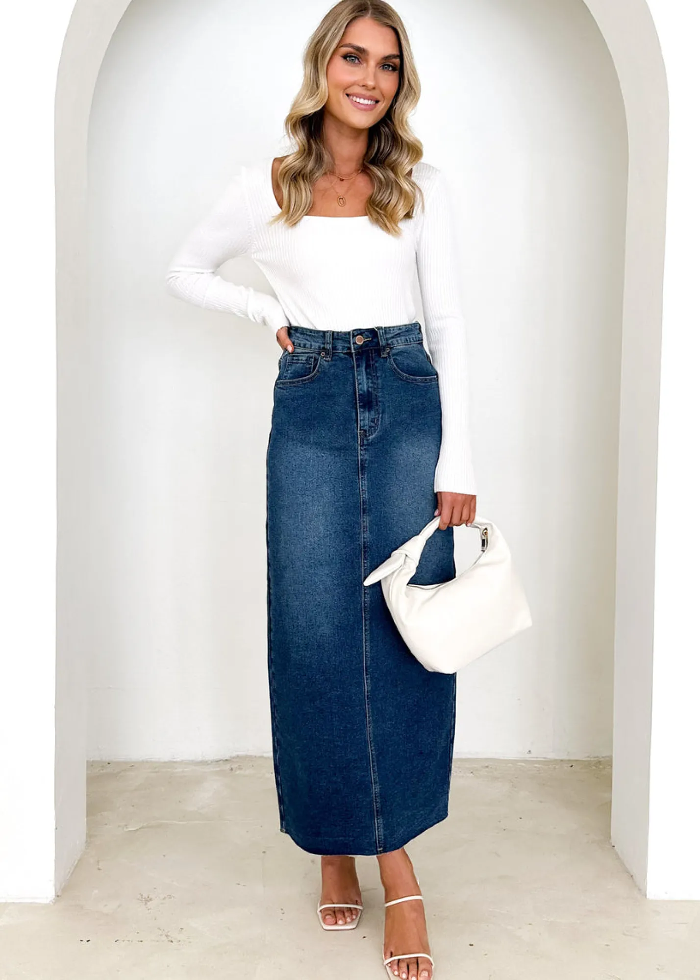 Women Gingham & Heels Skirts>Amellia Stretch Denim Midi Skirt