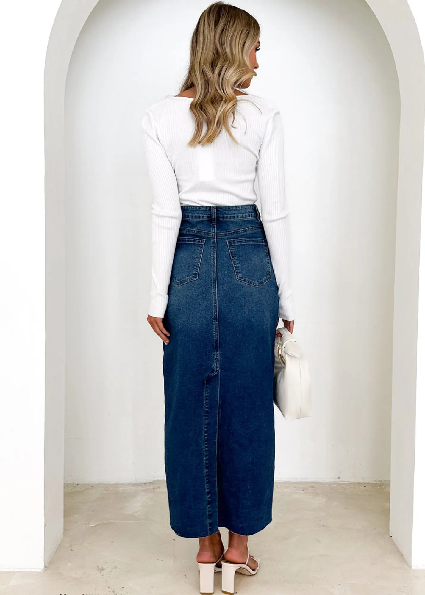 Women Gingham & Heels Skirts>Amellia Stretch Denim Midi Skirt