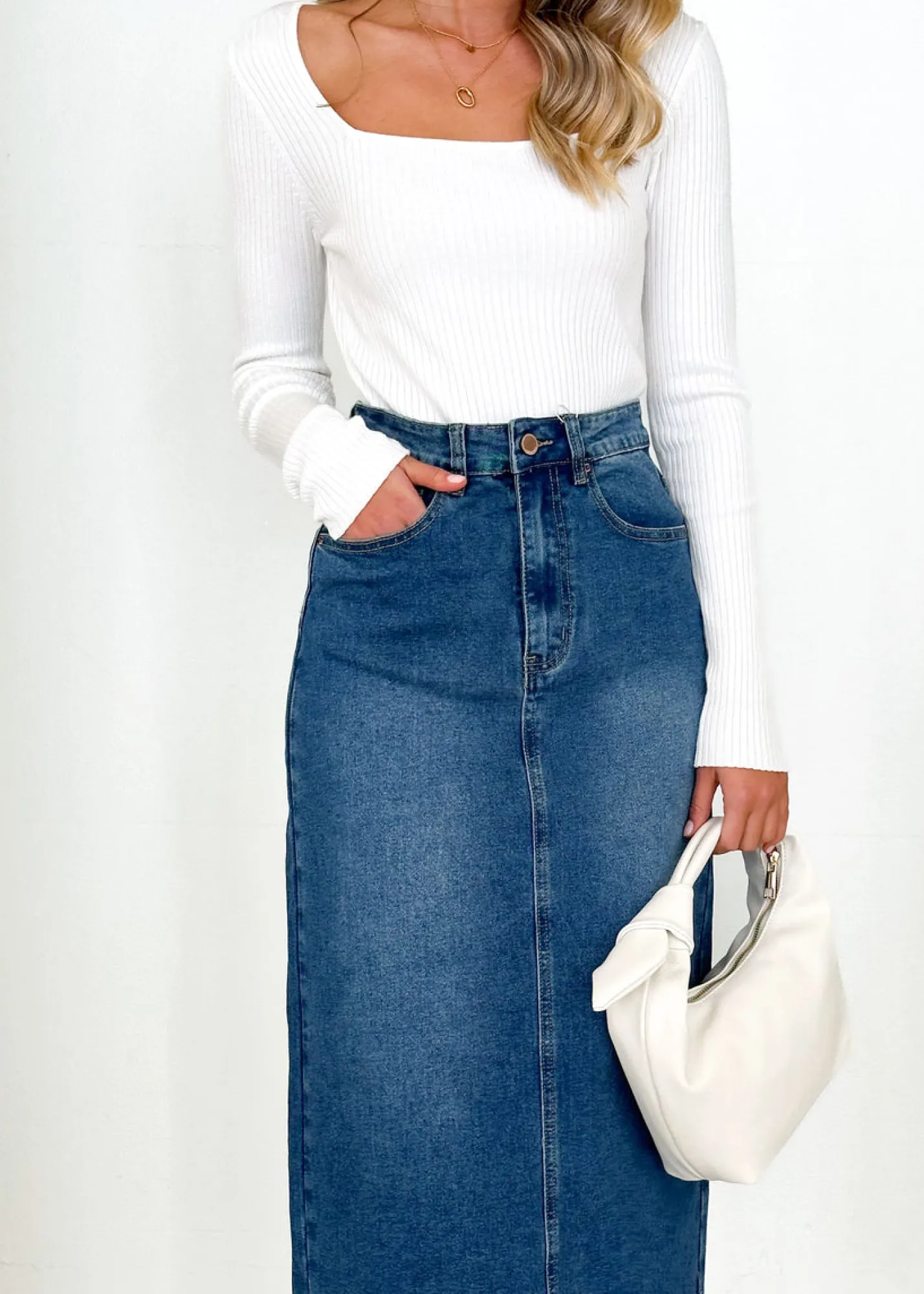 Women Gingham & Heels Skirts>Amellia Stretch Denim Midi Skirt