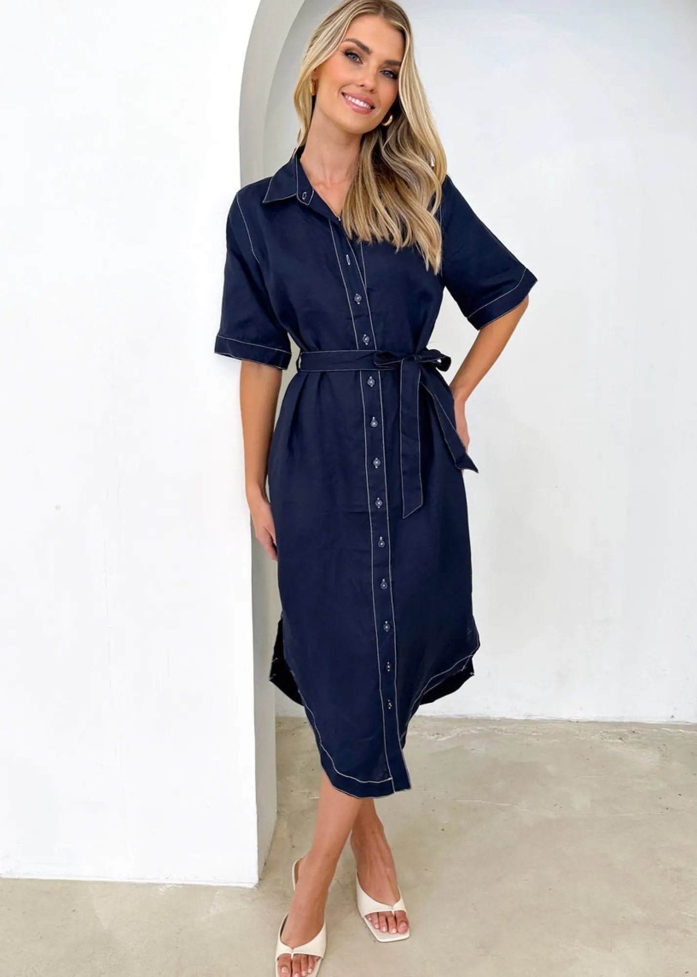 Women Gingham & Heels Midi>Arwa Linen Midi Dress