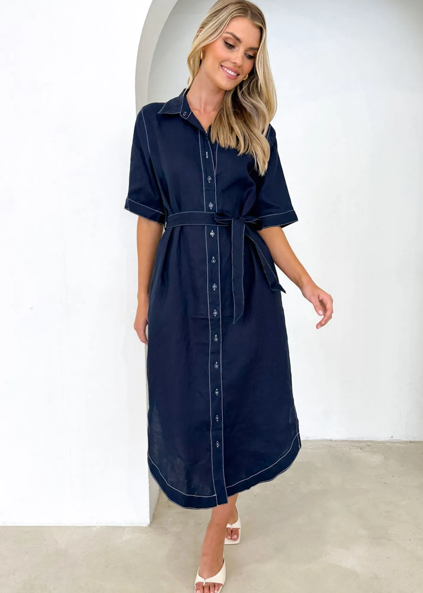Women Gingham & Heels Midi>Arwa Linen Midi Dress