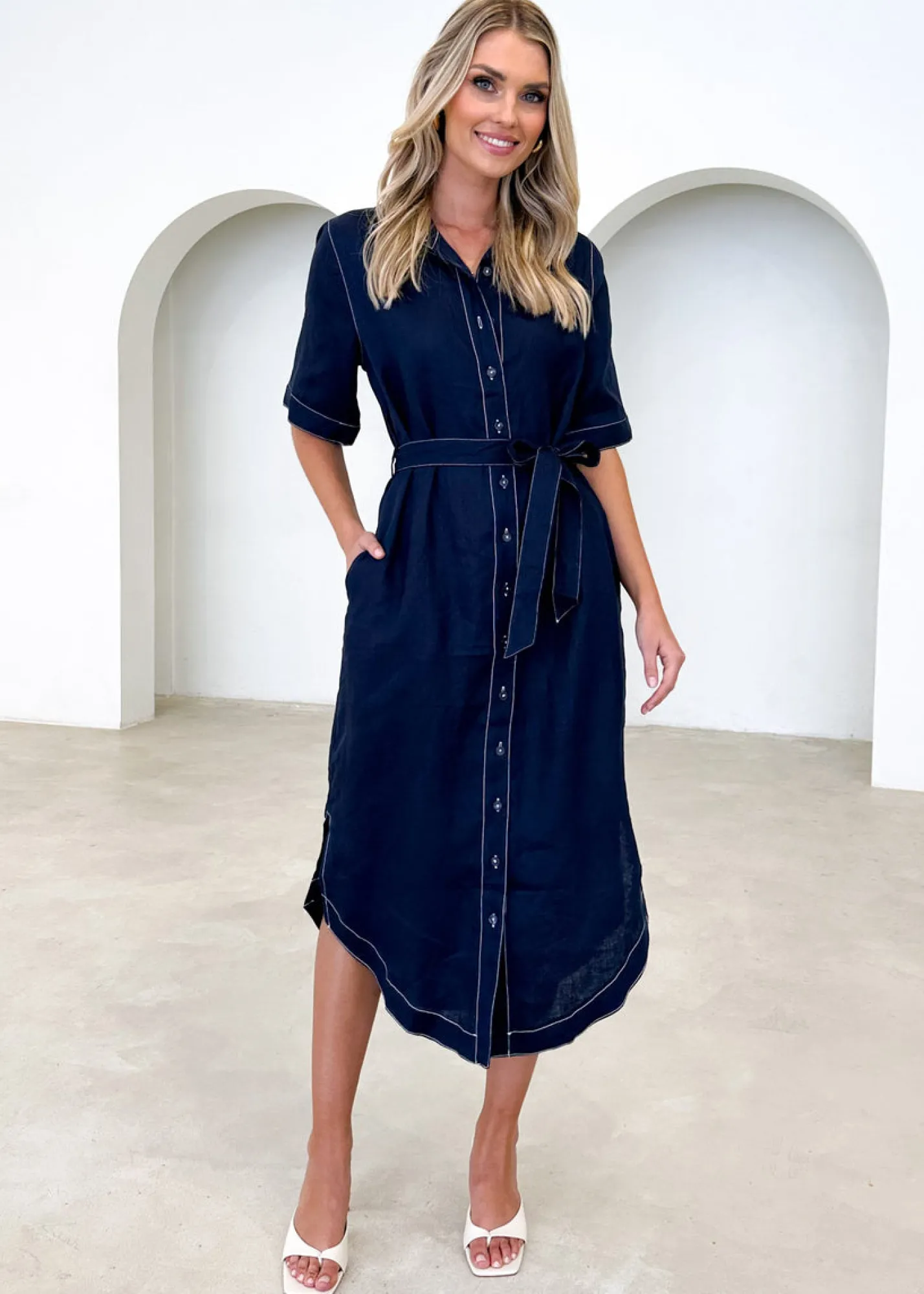 Women Gingham & Heels Midi>Arwa Linen Midi Dress