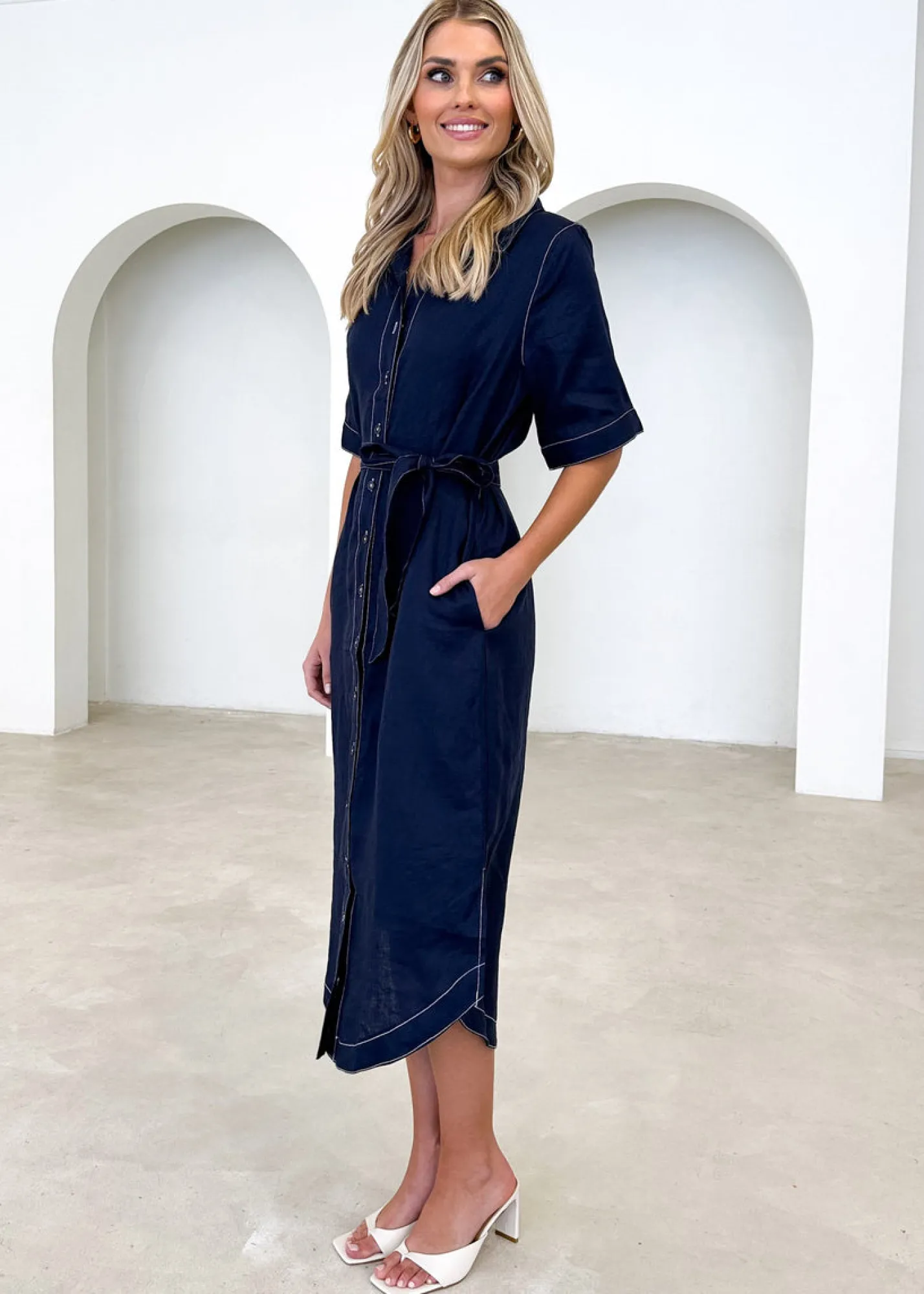 Women Gingham & Heels Midi>Arwa Linen Midi Dress