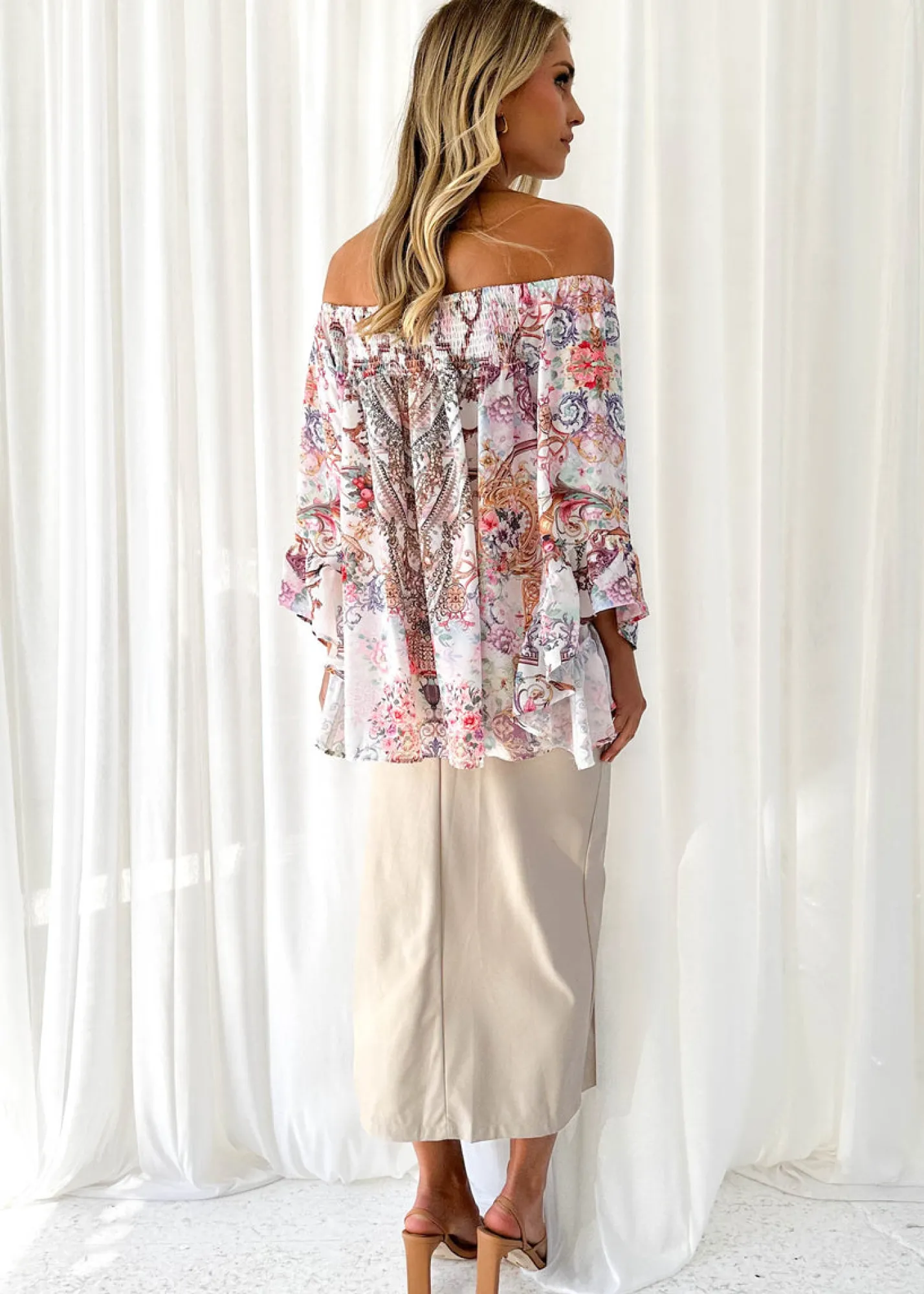 Women Gingham & Heels Blouses>Calypso Off Shoulder Blouse