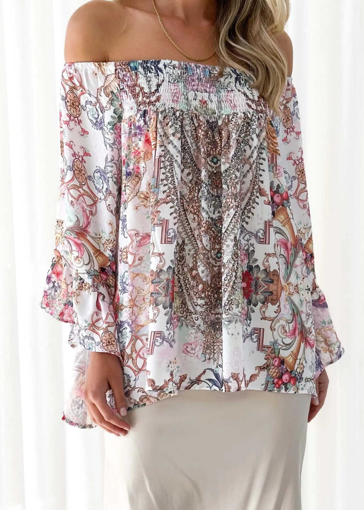 Women Gingham & Heels Blouses>Calypso Off Shoulder Blouse
