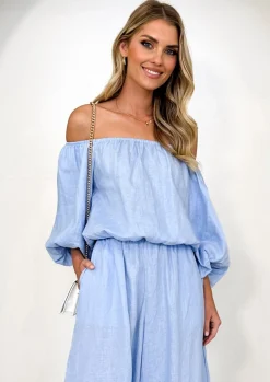 Women Gingham & Heels Sets>Chia Off Shoulder Linen Blouse