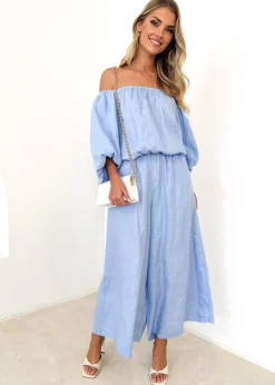 Women Gingham & Heels Sets>Chia Off Shoulder Linen Blouse