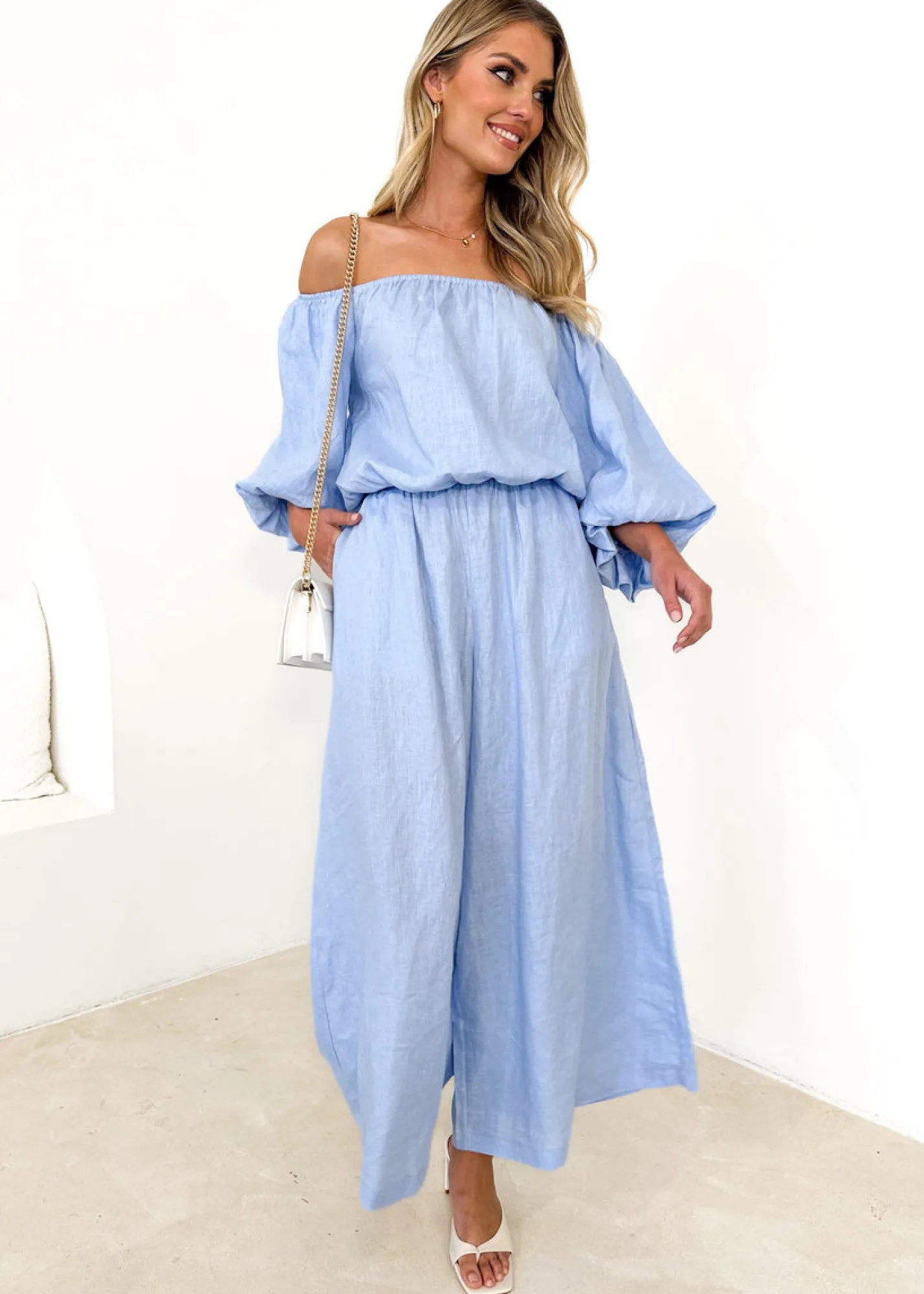 Women Gingham & Heels Sets>Chia Off Shoulder Linen Blouse