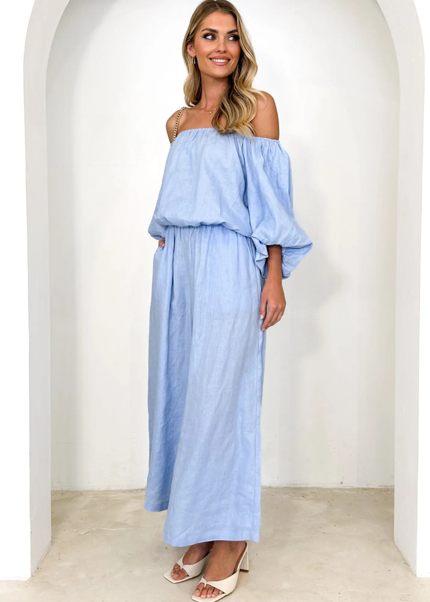 Women Gingham & Heels Sets>Chia Off Shoulder Linen Blouse